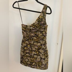 ZARA One Shoulder Floral Ruched Mini Dress Black Purple Gold Women's XSmall